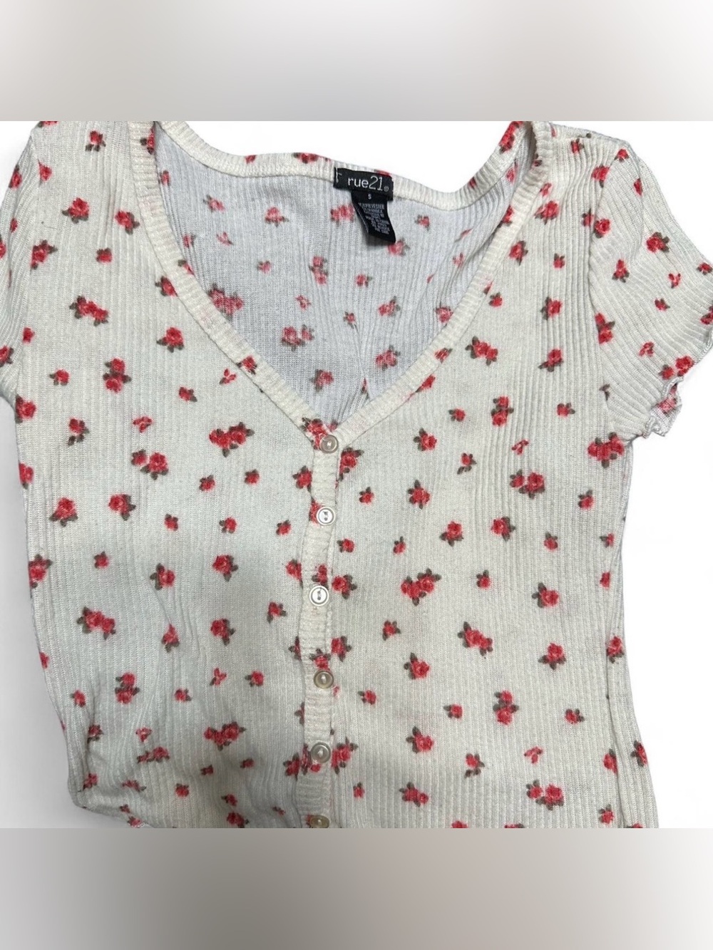 Rue21 Cream Ribbed Crop Top with Pink Floral Print